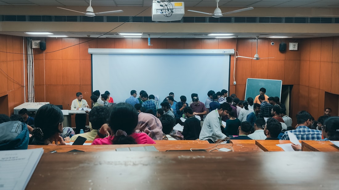Students in a packed Indian college lecture hall